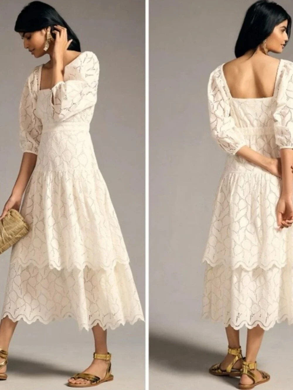 Anthropologie Maeve elegant white tiered eyelet midi dress with a square neckli - Picture 3 of 10
